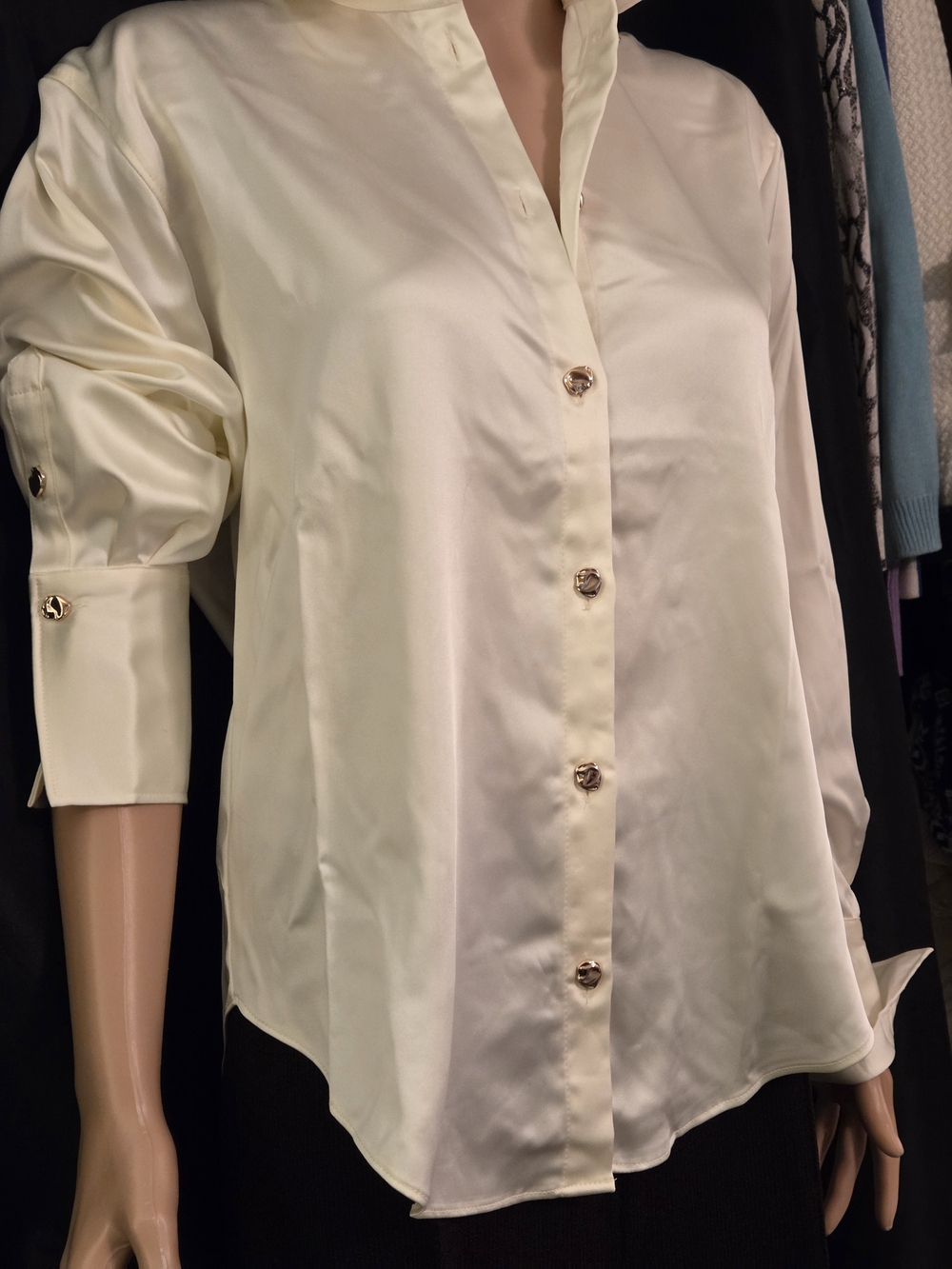 Line & Dot Cream Satin Button-Front Shirt